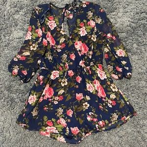 Floral shorts romper, open back with string